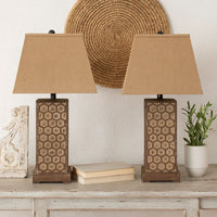 29 Inch Industrial Table Lamp, Linen Shade, Honeycombed Metal Base, Khaki - BM294240