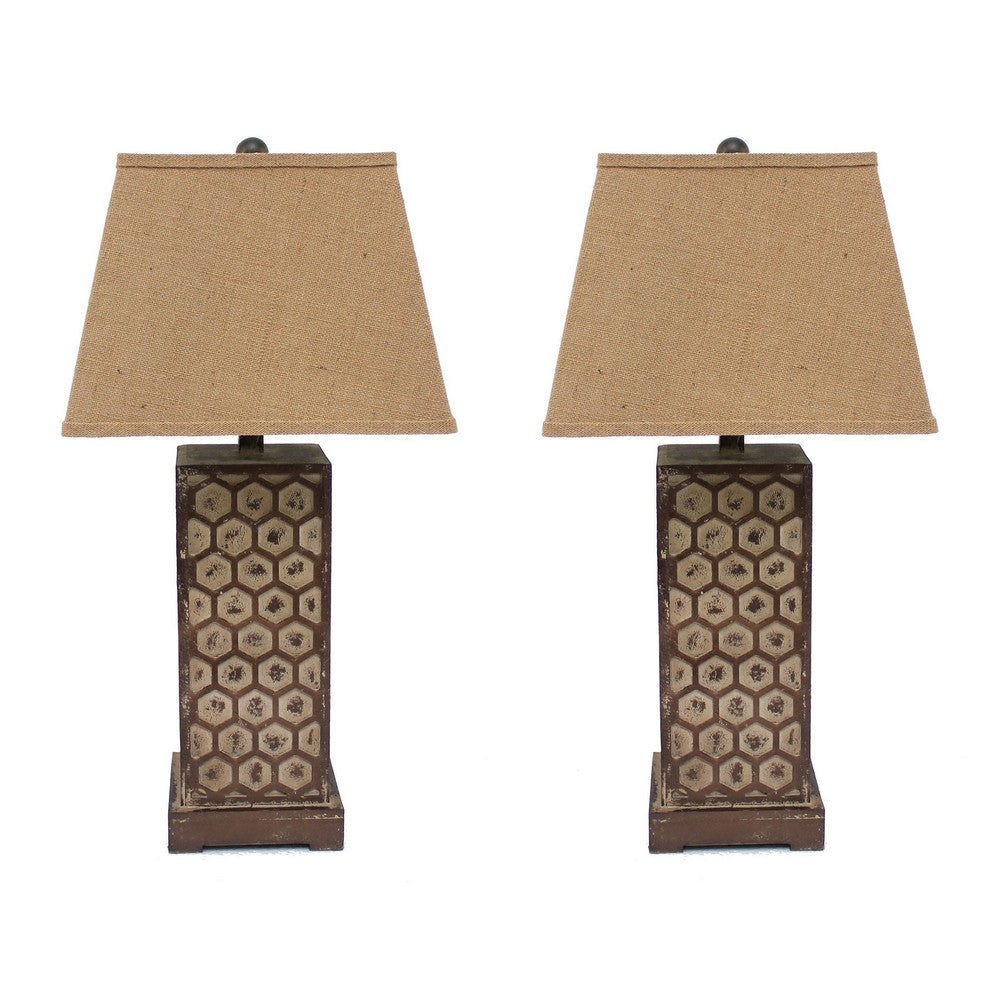 29 Inch Industrial Table Lamp, Linen Shade, Honeycombed Metal Base, Khaki - BM294240