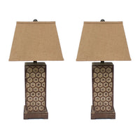 29 Inch Industrial Table Lamp, Linen Shade, Honeycombed Metal Base, Khaki - BM294240