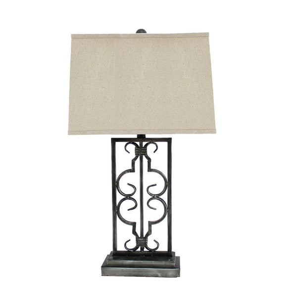 29 Inch Industrial Table Lamp, Linen Shade, Stacked Pedestal Base, Black - BM294241