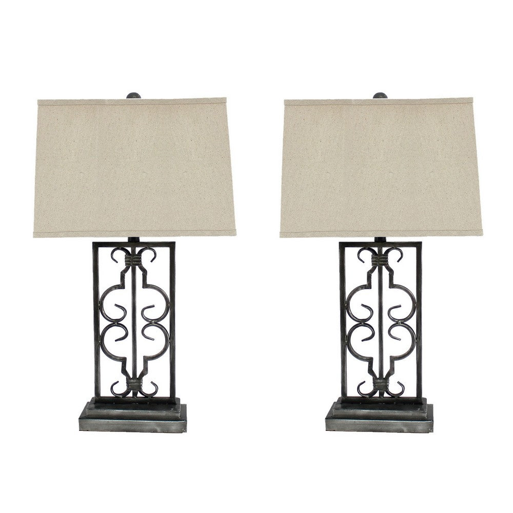 29 Inch Industrial Table Lamp, Linen Shade, Stacked Pedestal Base, Black - BM294241