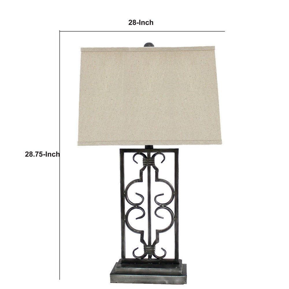 29 Inch Industrial Table Lamp, Linen Shade, Stacked Pedestal Base, Black - BM294241