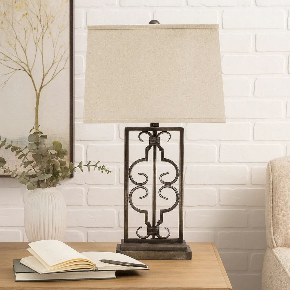 29 Inch Industrial Table Lamp, Linen Shade, Stacked Pedestal Base, Black - BM294241