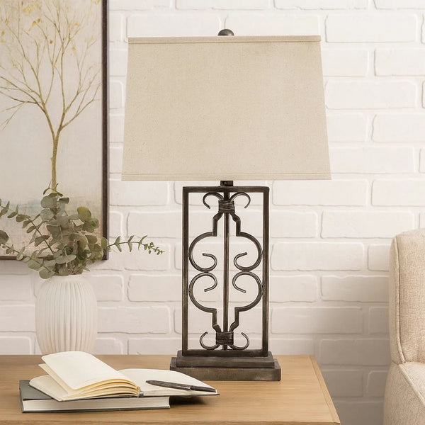 29 Inch Industrial Table Lamp, Linen Shade, Stacked Pedestal Base, Black - BM294241