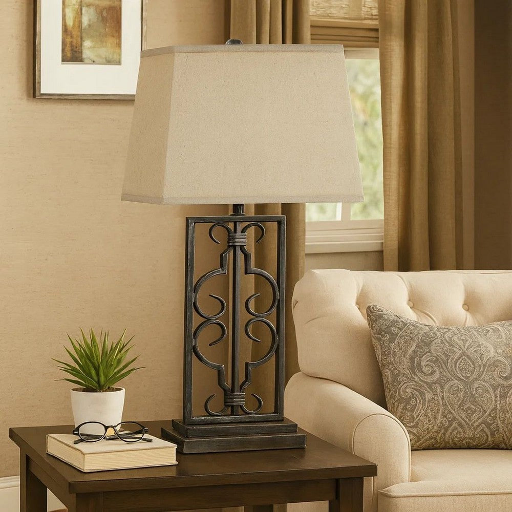 29 Inch Industrial Table Lamp, Linen Shade, Stacked Pedestal Base, Black - BM294241