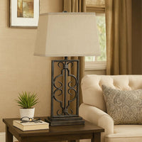 29 Inch Industrial Table Lamp, Linen Shade, Stacked Pedestal Base, Black - BM294241