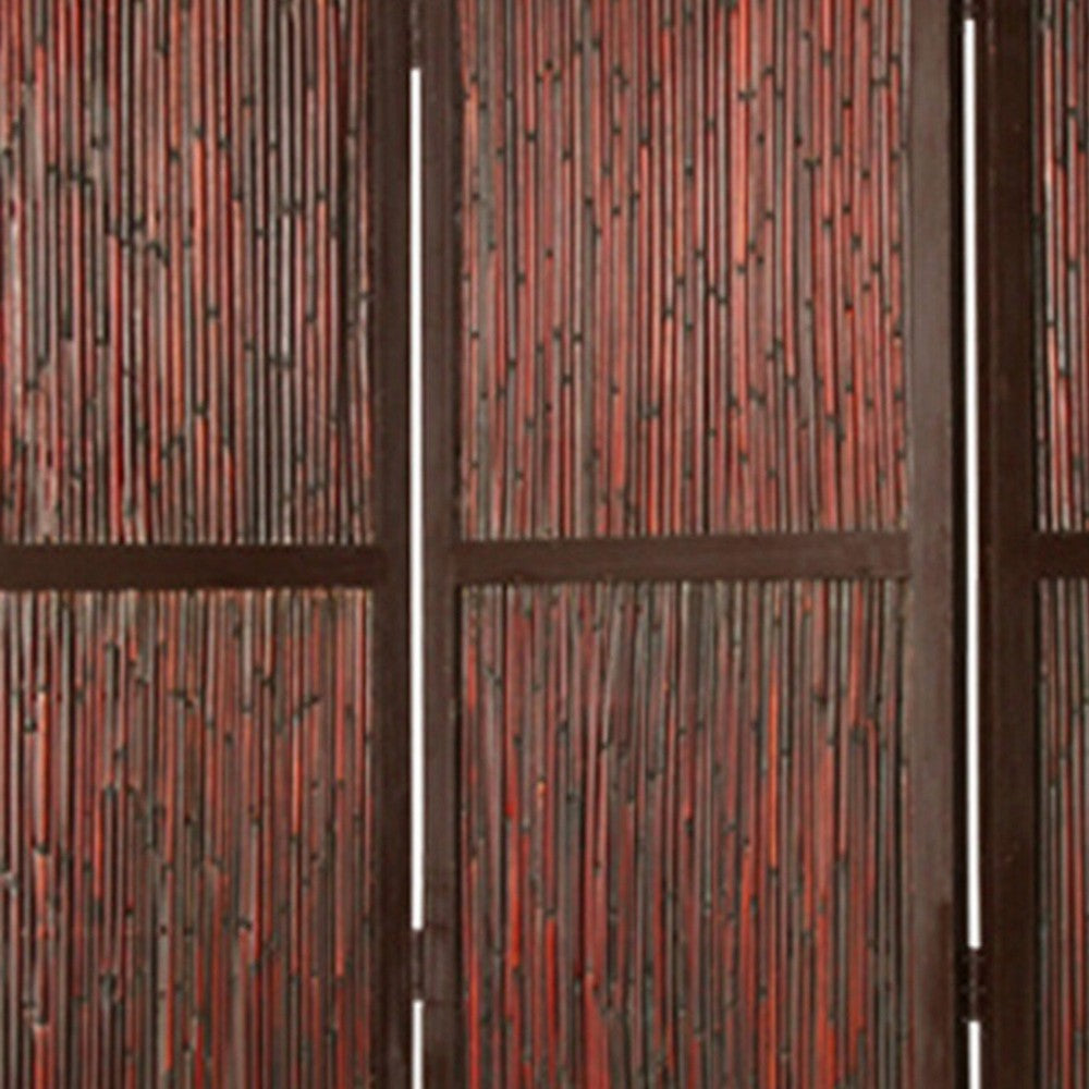 72 Inch 3 Panel Privacy Screen, Hardwood Frame, Bamboo Strips, Brown, Red - BM294244