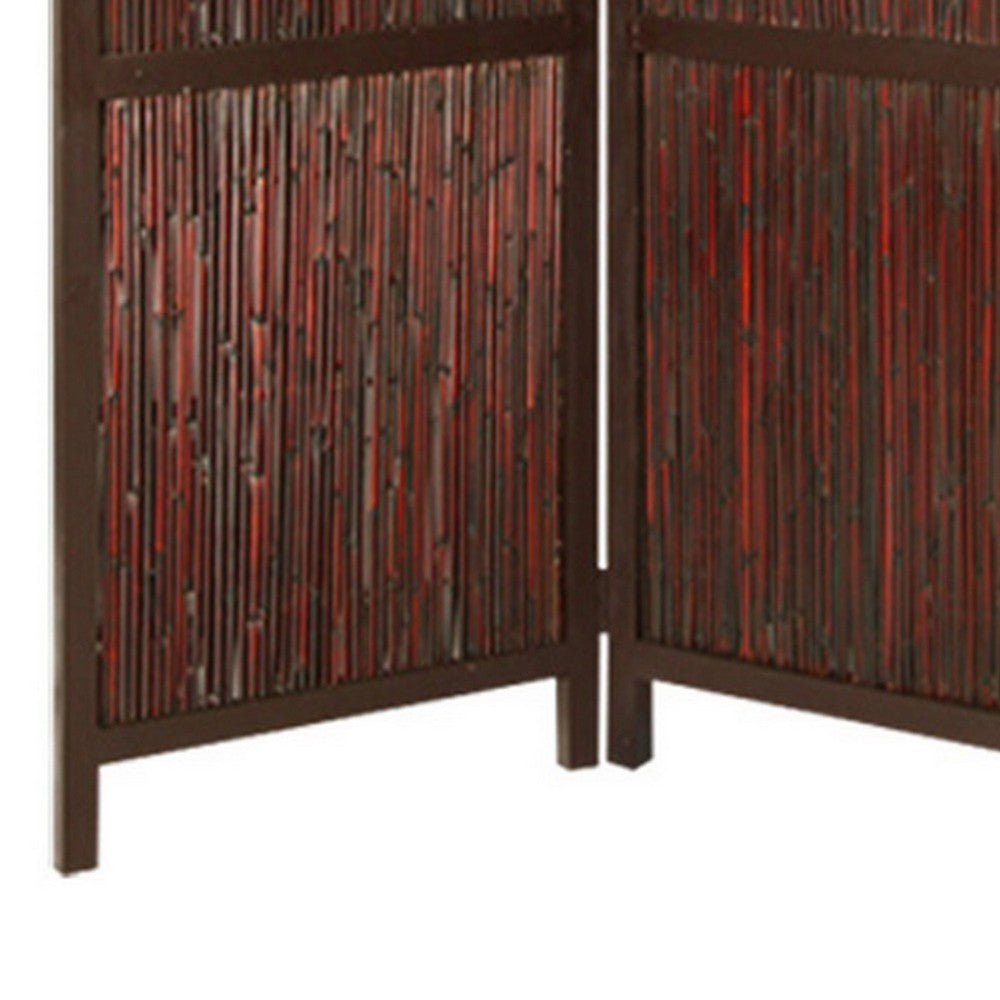 72 Inch 3 Panel Privacy Screen, Hardwood Frame, Bamboo Strips, Brown, Red - BM294244