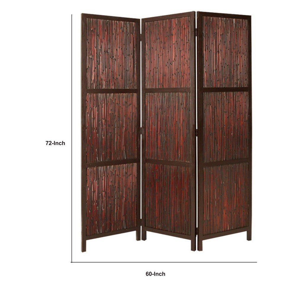 72 Inch 3 Panel Privacy Screen, Hardwood Frame, Bamboo Strips, Brown, Red - BM294244