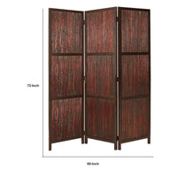 72 Inch 3 Panel Privacy Screen, Hardwood Frame, Bamboo Strips, Brown, Red - BM294244