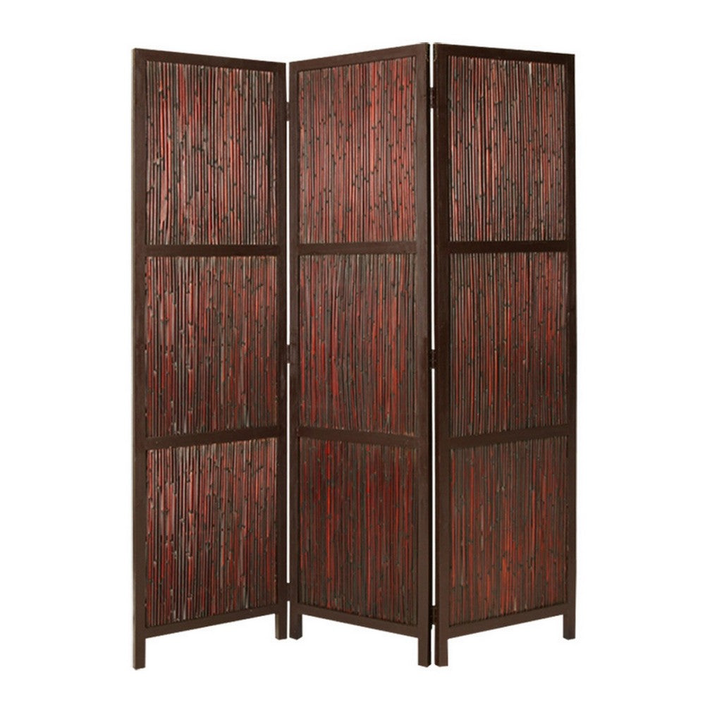 72 Inch 3 Panel Privacy Screen, Hardwood Frame, Bamboo Strips, Brown, Red - BM294244