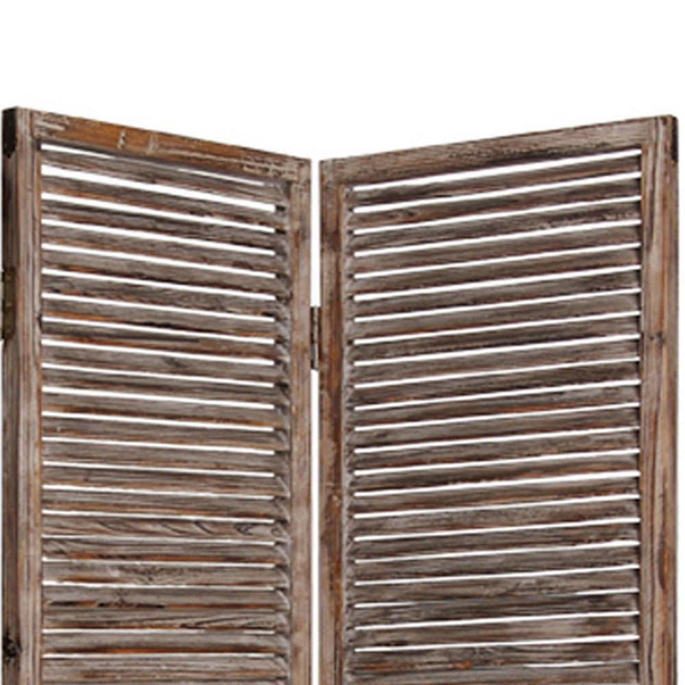 72 Inch 3 Panel Shutter Screen, Slatted Panels, Distressed Brown Finish - BM294246