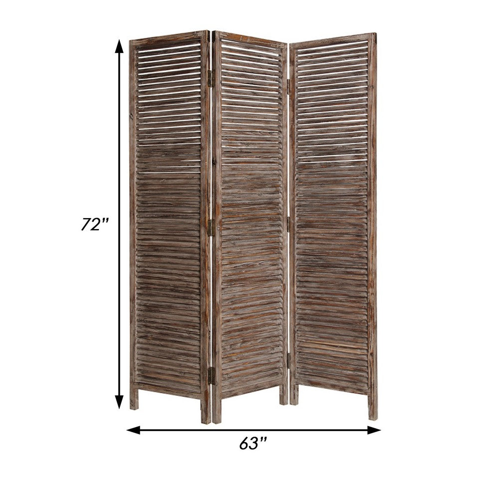 72 Inch 3 Panel Shutter Screen, Slatted Panels, Distressed Brown Finish - BM294246