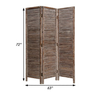 72 Inch 3 Panel Shutter Screen, Slatted Panels, Distressed Brown Finish - BM294246