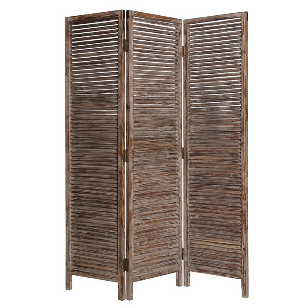 72 Inch 3 Panel Shutter Screen, Slatted Panels, Distressed Brown Finish - BM294246
