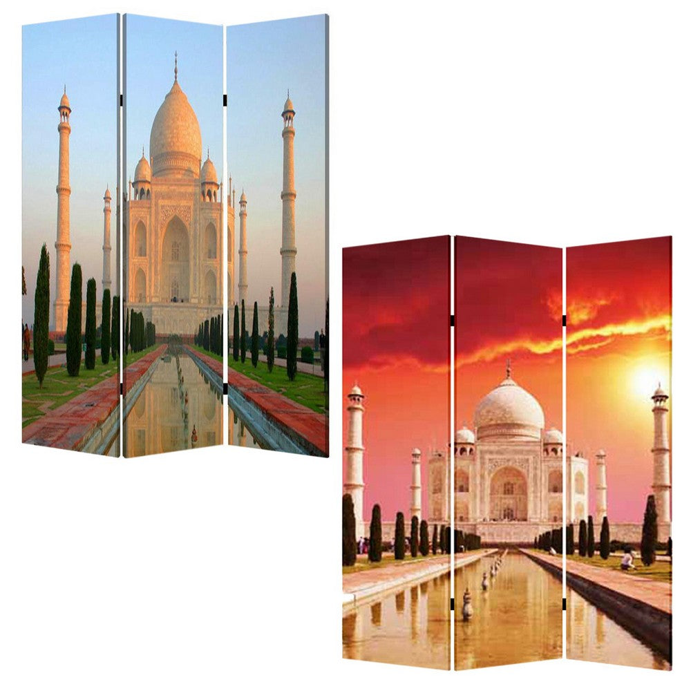 Brar 71 Inch 3 Panel Screen, Taj Mahal Reflecting Pool Print, Multicolor - BM294247
