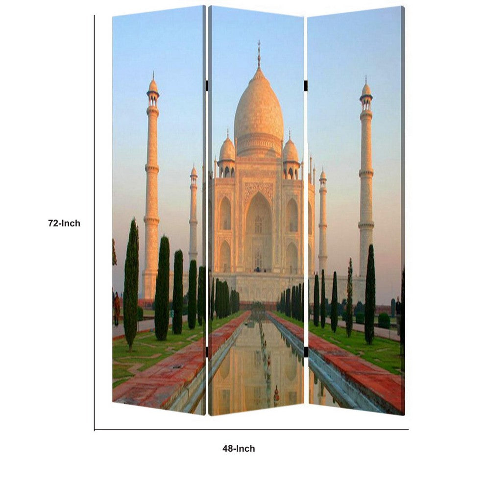 Brar 71 Inch 3 Panel Screen, Taj Mahal Reflecting Pool Print, Multicolor - BM294247
