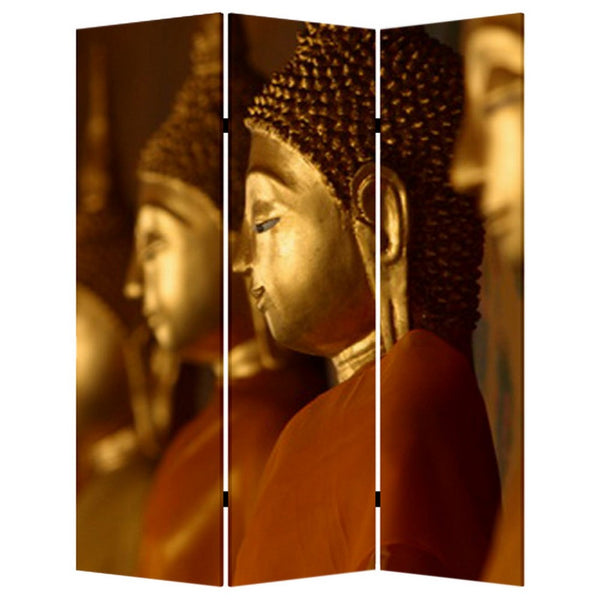 Brar 71 Inch 3 Panel Canvas Screen, Dual Sided Buddha Print, Black, Brown - BM294248