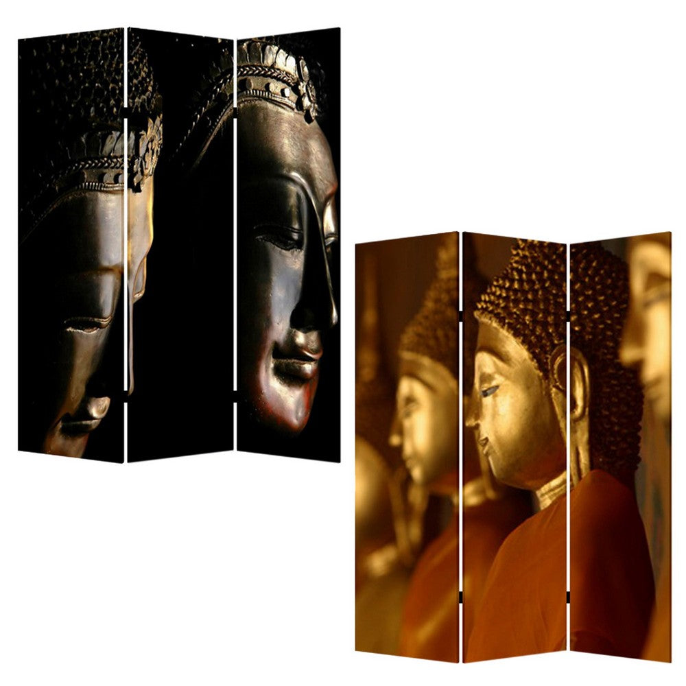 Brar 71 Inch 3 Panel Canvas Screen, Dual Sided Buddha Print, Black, Brown - BM294248