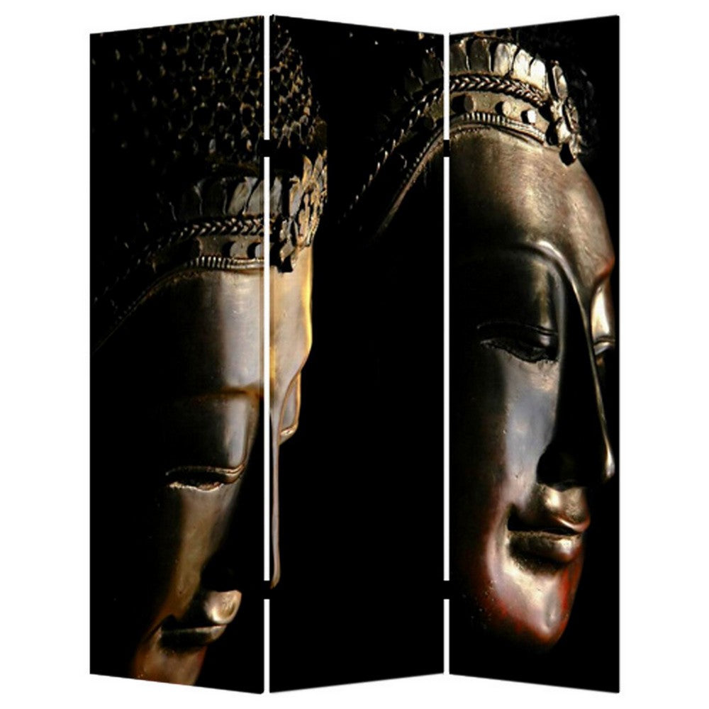 Brar 71 Inch 3 Panel Canvas Screen, Dual Sided Buddha Print, Black, Brown - BM294248