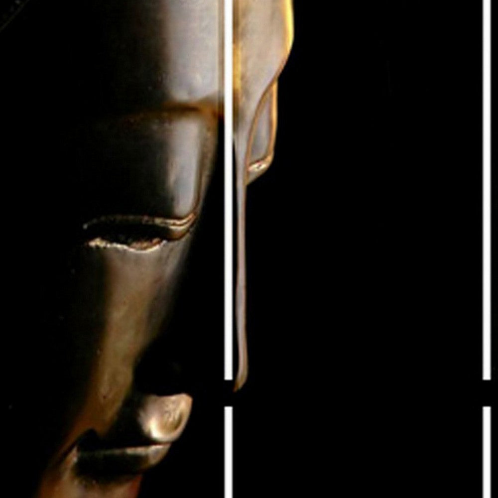 Brar 71 Inch 3 Panel Canvas Screen, Dual Sided Buddha Print, Black, Brown - BM294248