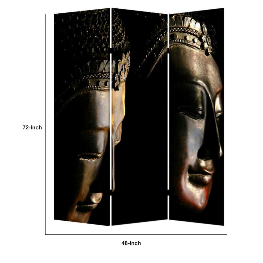 Brar 71 Inch 3 Panel Canvas Screen, Dual Sided Buddha Print, Black, Brown - BM294248