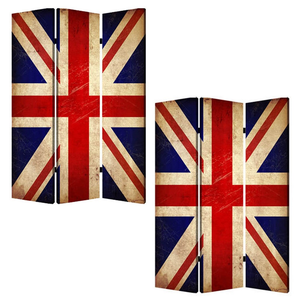Alfie 71 Inch Folding Screen Room Divider, Union Jack Printing, 3 Panels - BM294253