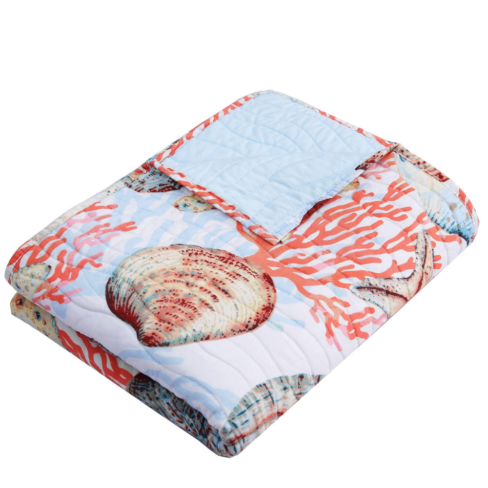 Gul 60 Inch Throw Blanket, Coastal Shell Print, Blue Microfiber Fabric - BM294284