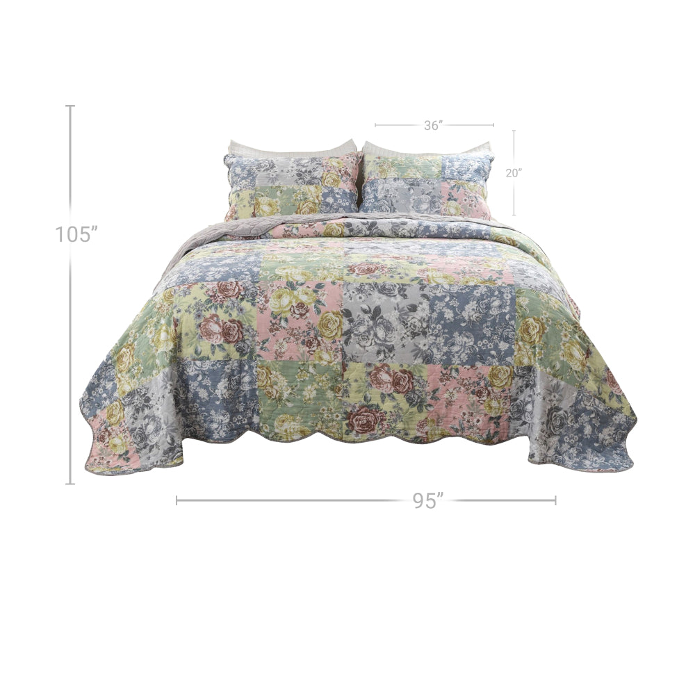 Eni 3 Piece California King Cotton Quilt Set, Pastel Blue Flower Design - BM294303