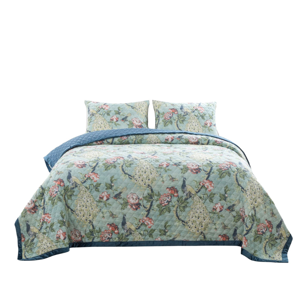 Eden 3 Piece King Quilt Set, Peacock Print, Green Microfiber - BM294315