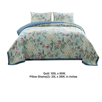 Eden 3 Piece King Quilt Set, Peacock Print, Green Microfiber - BM294315