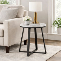 24 Inch End Table, White Faux Marble Round Top, Artisanal Metal Framework - BM294798