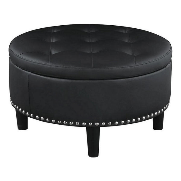 30 Inch Round Storage Ottoman, Black Vegan Faux Leather, Button Tufted - BM294800