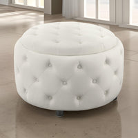 Lina 28 Inch Round Ottoman, Storage Area, Pearl White Vegan Faux Leather - BM294801