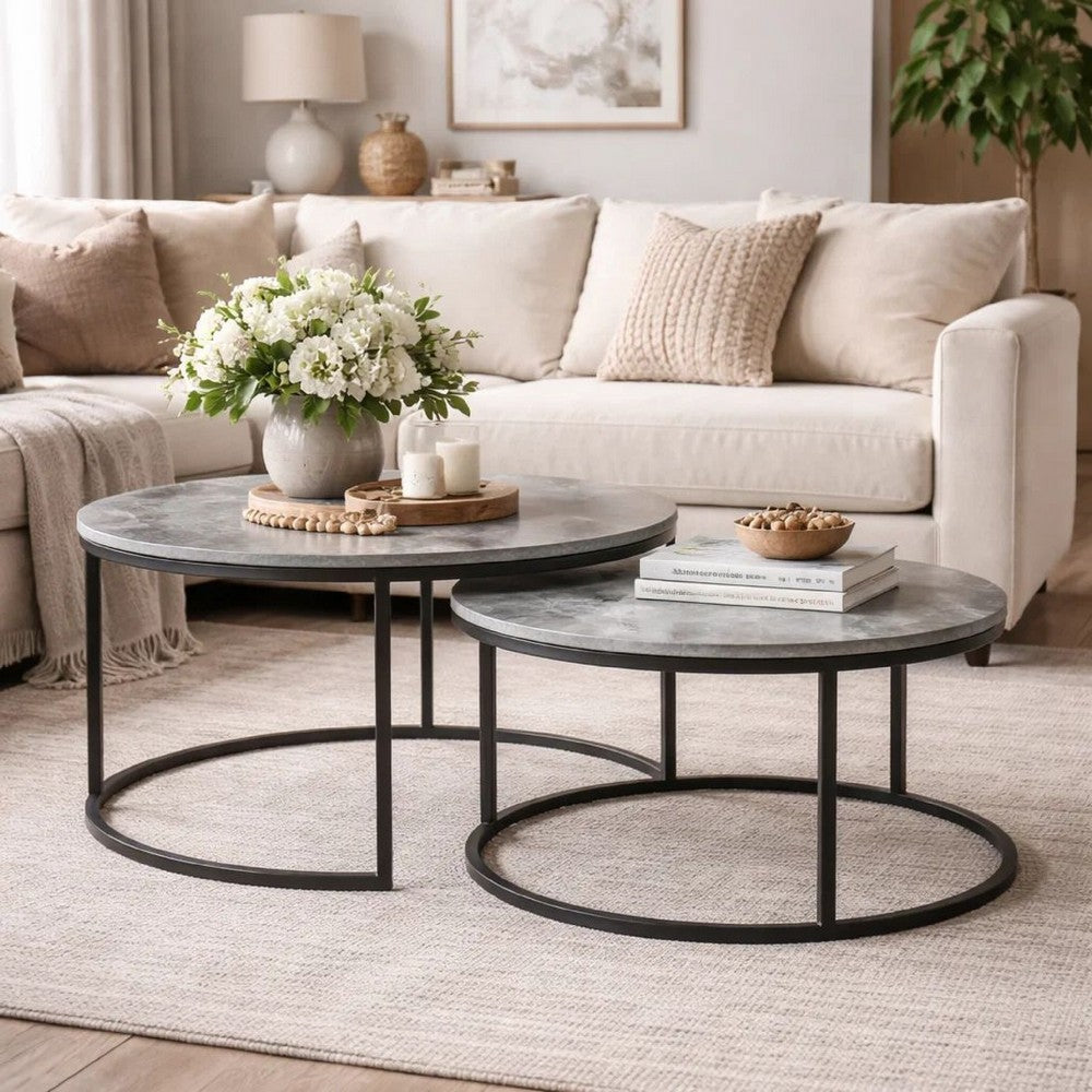 35 Inch 2 Piece Nesting Coffee Table Set, Round Gray Faux Marble Tabletop - BM294803