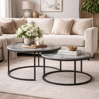 35 Inch 2 Piece Nesting Coffee Table Set, Round Gray Faux Marble Tabletop - BM294803