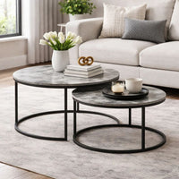 35 Inch 2 Piece Nesting Coffee Table Set, Round Gray Faux Marble Tabletop - BM294803