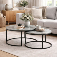 35 Inch 2 Piece Nesting Coffee Table Set, Round Gray Faux Marble Tabletop - BM294803