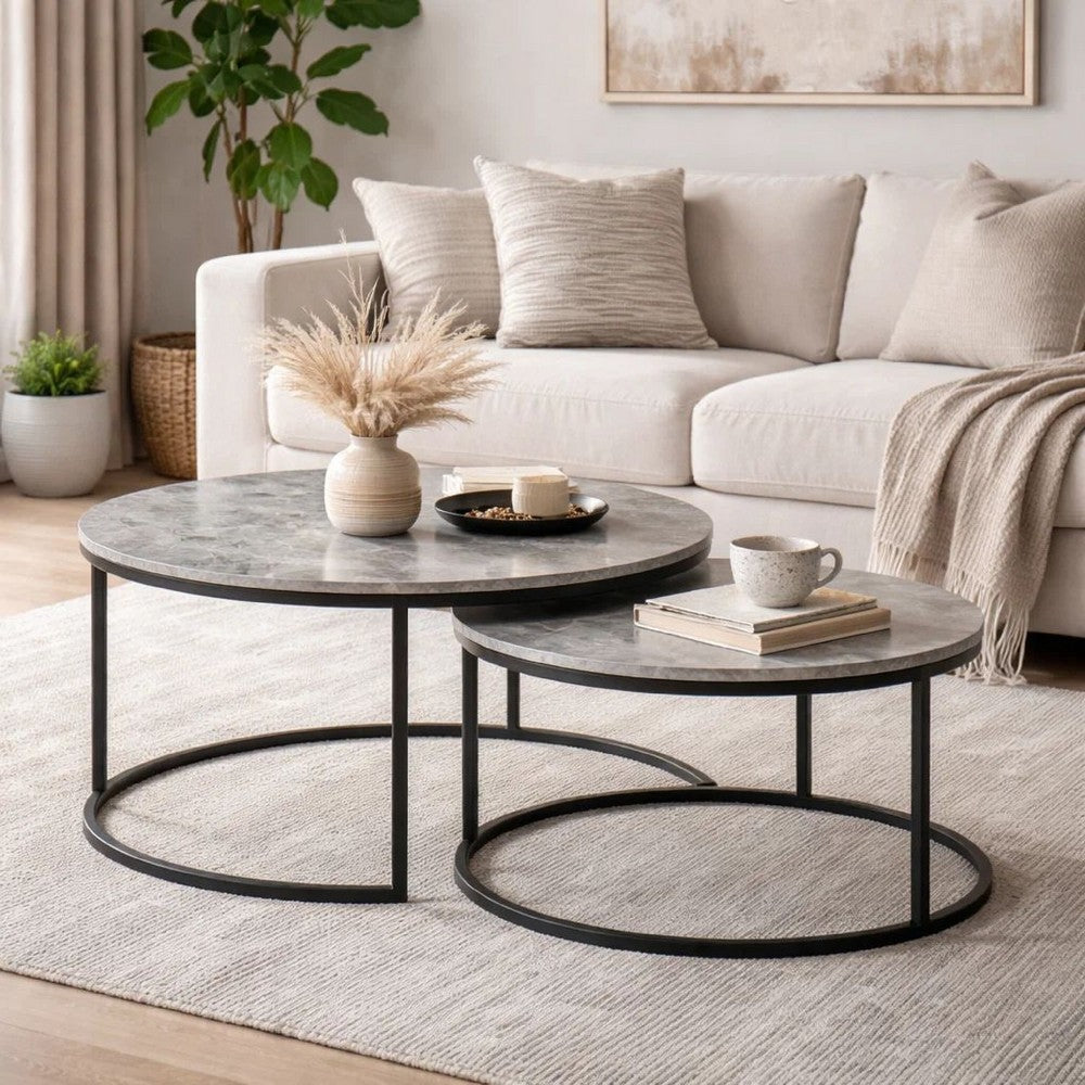 35 Inch 2 Piece Nesting Coffee Table Set, Round Gray Faux Marble Tabletop - BM294803