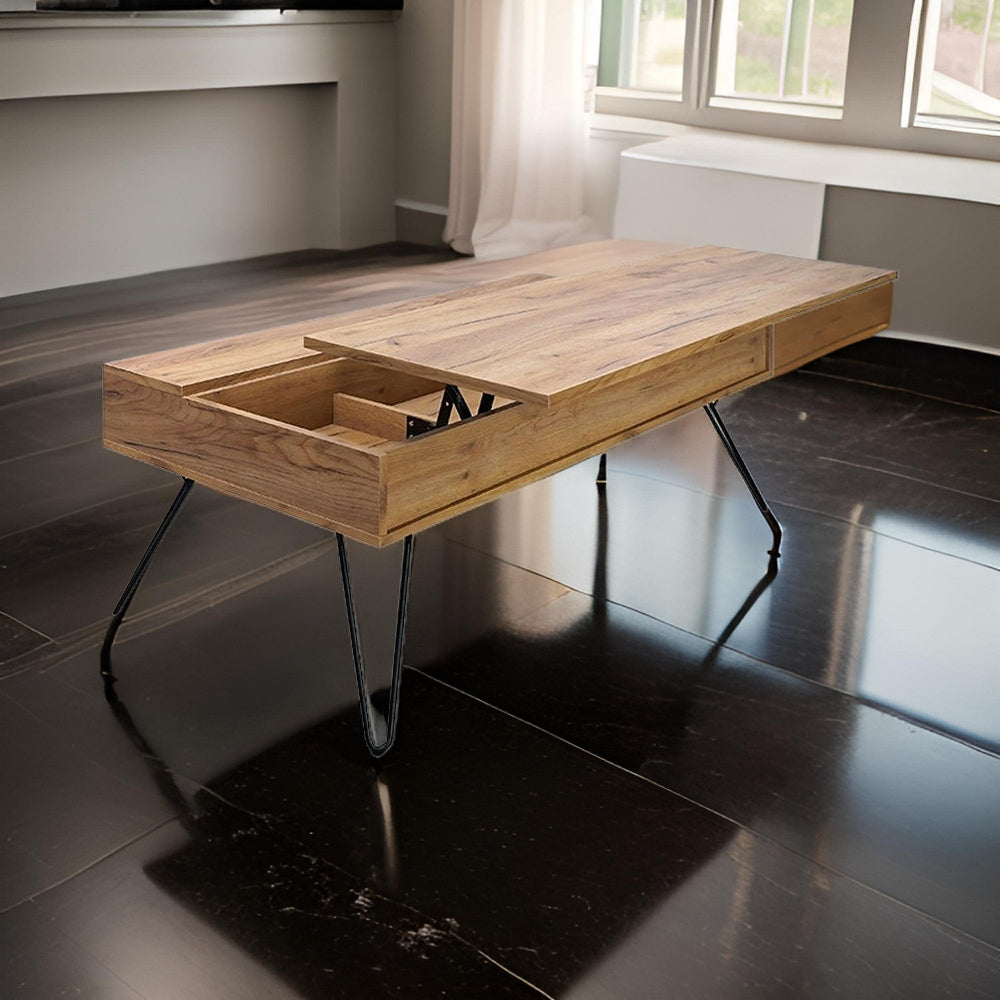47 Inch Lift Top Coffee Table, Natural Brown Wood, 2 Storage Compartments - BM294809