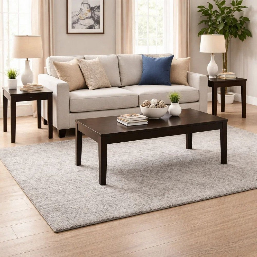 3 Piece Rectangular Coffee and Square End Table Set, Sleek Espresso Brown - BM294819