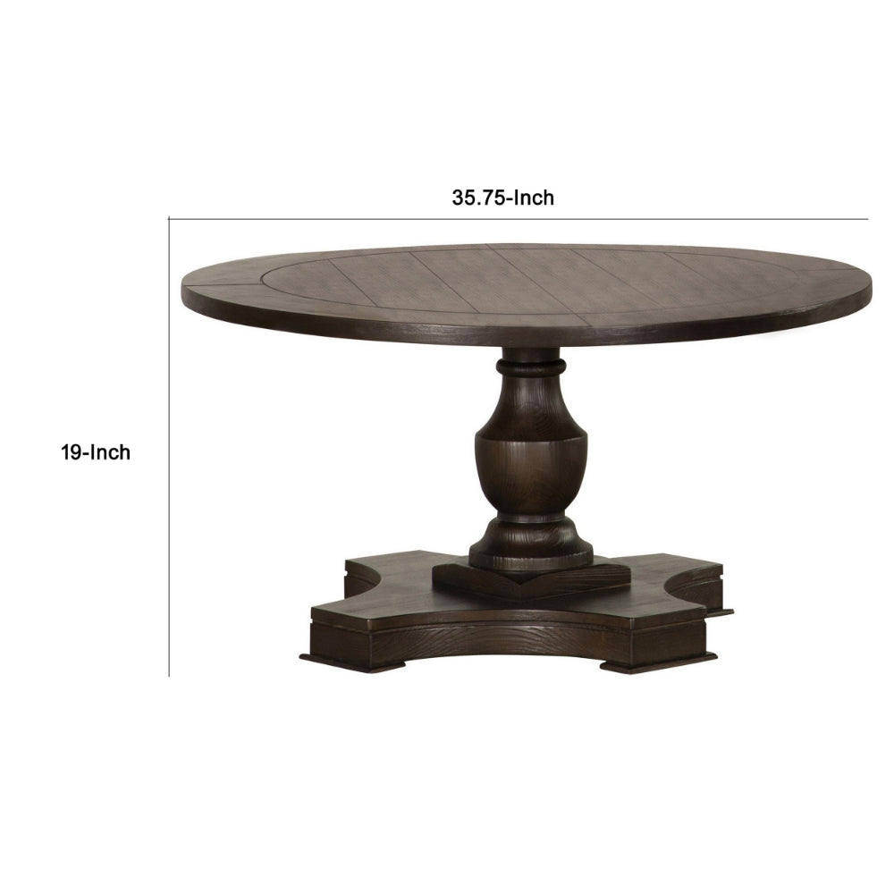 Aria 36 Inch Coffee Table, Round Plank Top, Turned Pedestal, Espresso Brown - BM294834