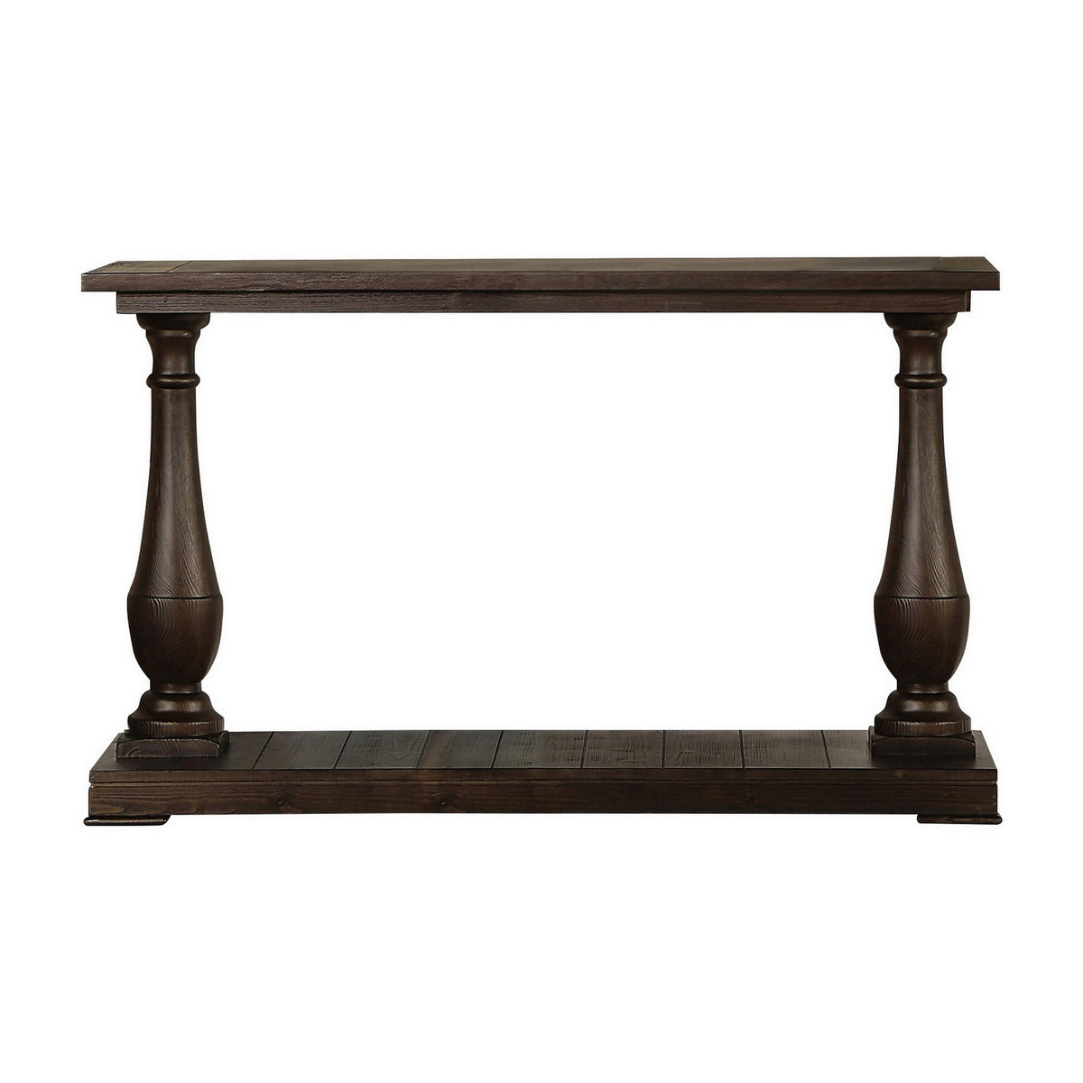 Aria 48 Inch Console Sofa Table, Plank Top, Turned Pedestal Base, Brown - BM294843