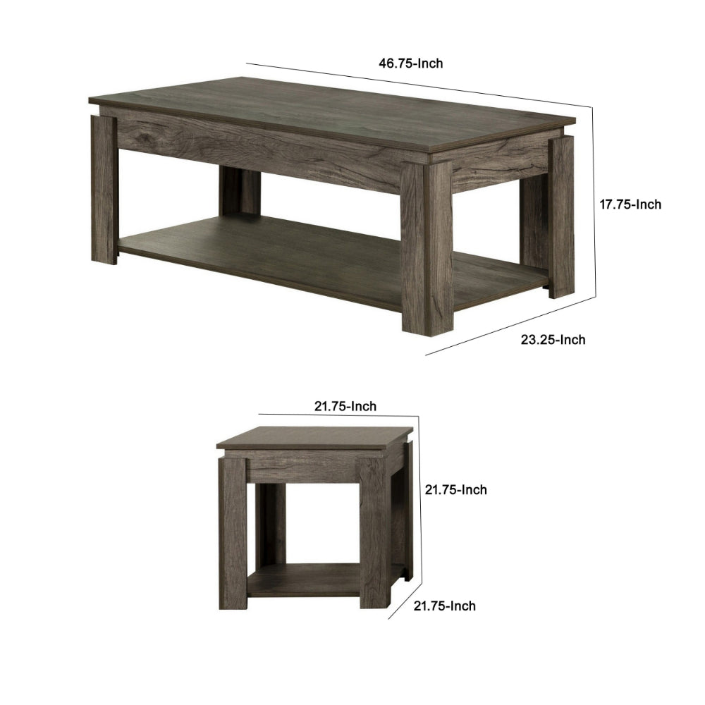 3 Piece Coffee Table and End Table Set with Raised Tops, Weathered Gray - BM294844