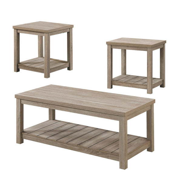 3 Piece Rectangular Coffee and Square End Table Set, Slatted, Gray Beige - BM294846