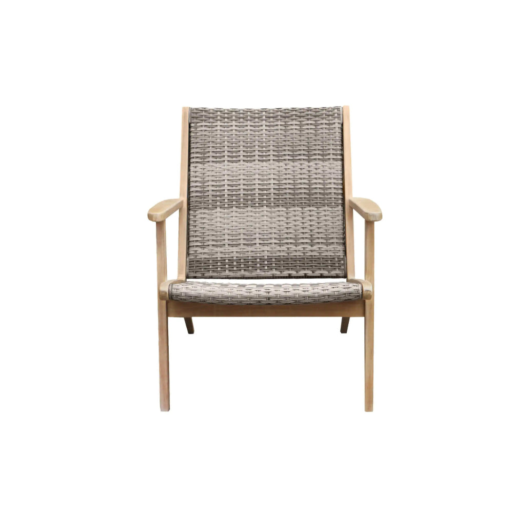 3 Piece Outdoor Set 2 Chairs and End Table, Gray Woven Wicker, Brown Acacia - BM294960