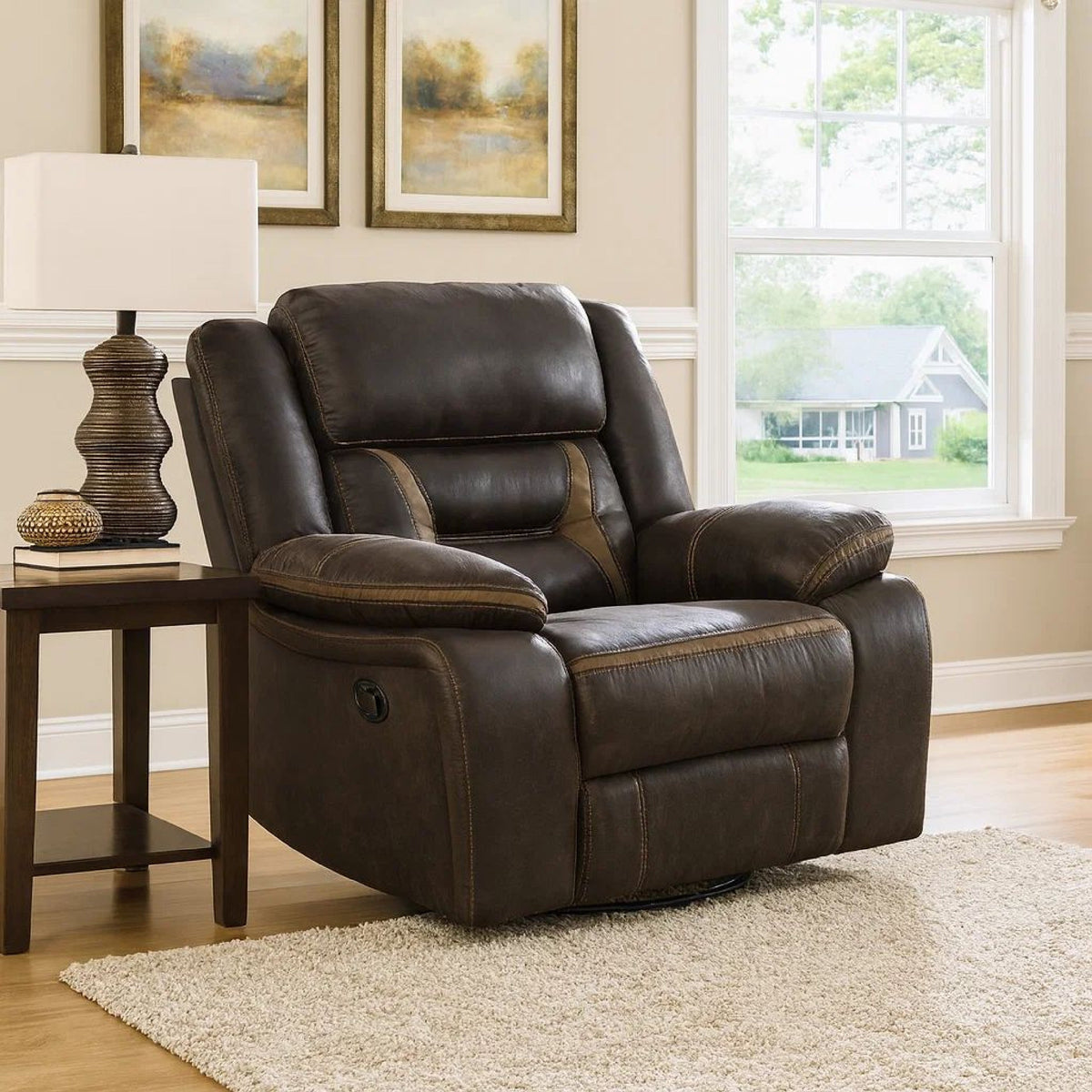 Jake 41 Inch Gliding Manual Recliner, Pillowtop, Dark Brown Faux Leather-BM295088
