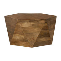 35 Inch Wood Drum Coffee Table, Artisan Hexagonal Rich Natural Brown Finish - BM295105