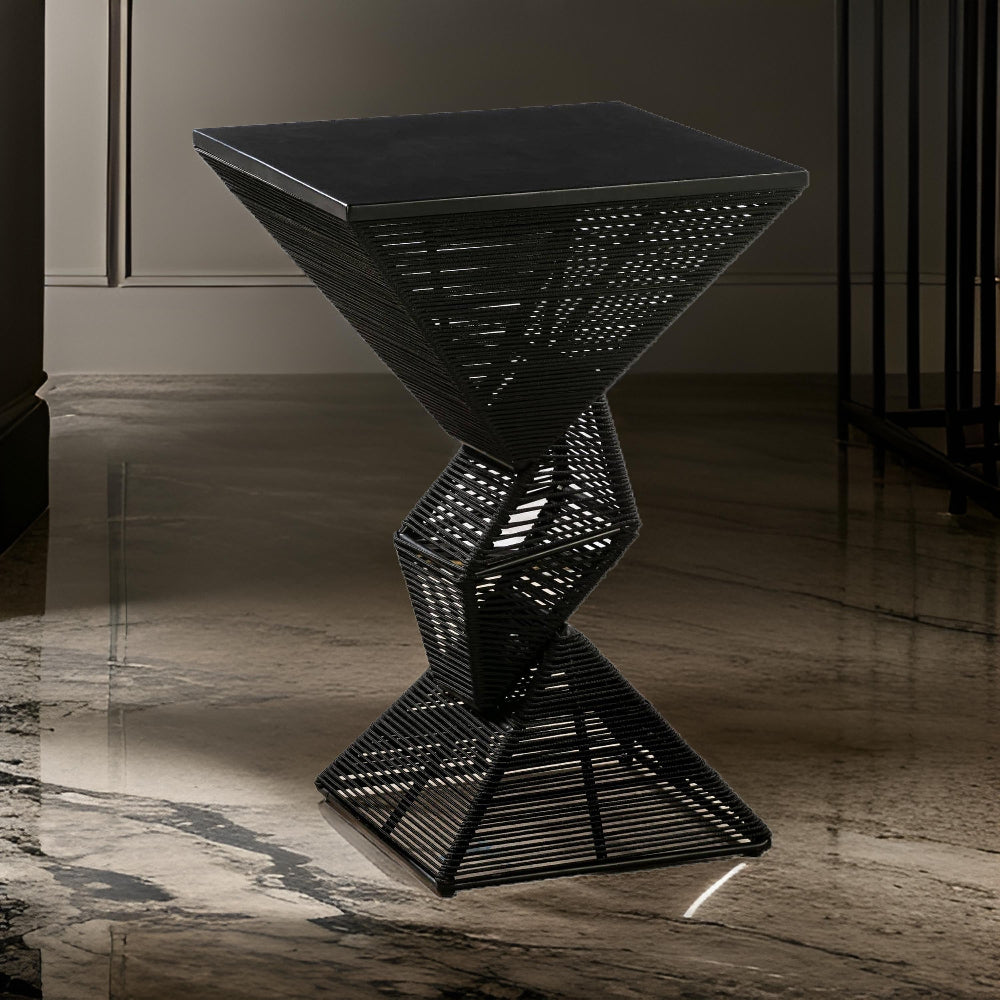 36 Inch Outdoor Geometric Pub Bar Table, Rope Woven, Metal Top, Black - BM295438