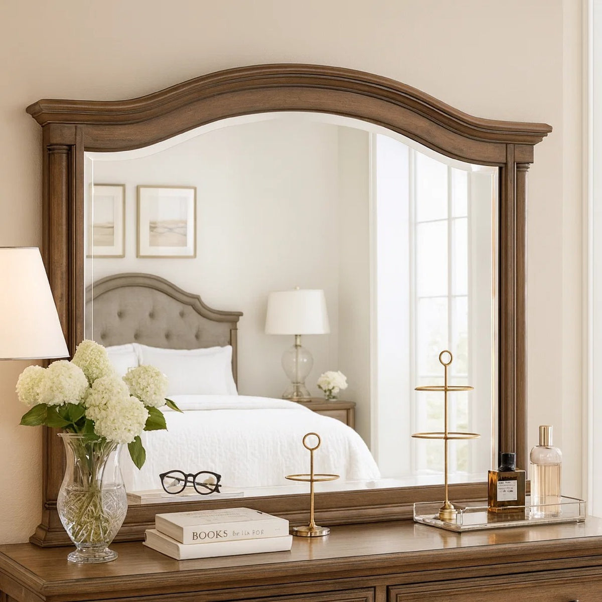 Danya 46 Inch Accent Mirror, Arched Wood Frame with Curves, Weathered Brown  - BM295532